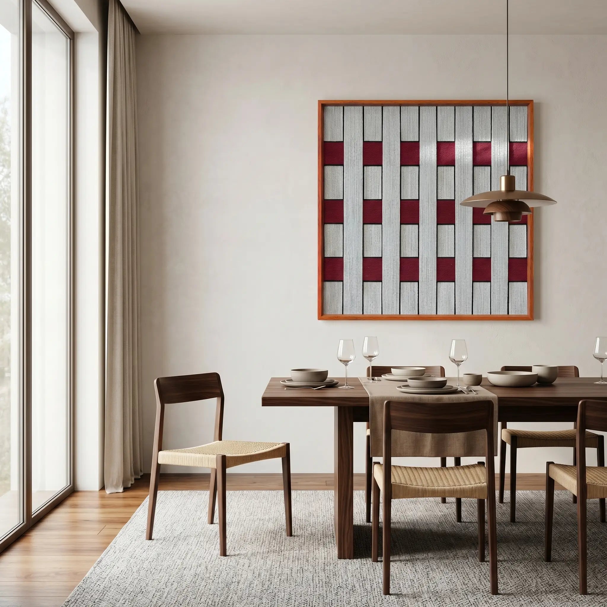 Modern woven wool tapestry with ruby and grey geometric patterns styled in a bright, contemporary dining room above a wooden dining set.