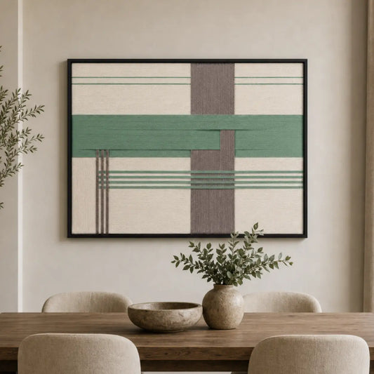Sage Crossing textured wool wall art beautifully staged in a warm dining room over a contemporary dining table set.