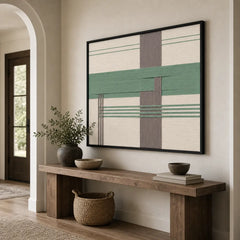 Sage Crossing geometric framed wall art creating a calming focal point in a bright entryway above a rustic wooden console.