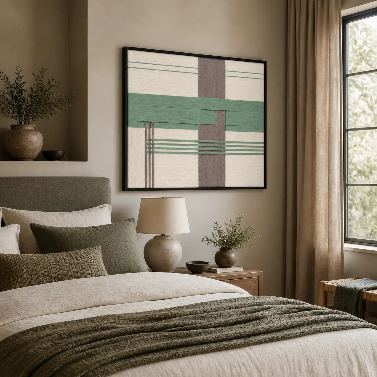 Large framed wool tapestry featuring sage and grey geometric patterns hanging elegantly above a neatly styled bed with green linens.
