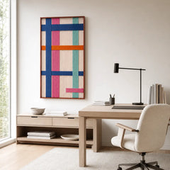Professional home office interior setup showing the framed textile art displayed on a wall above a sleek desk and executive chair.