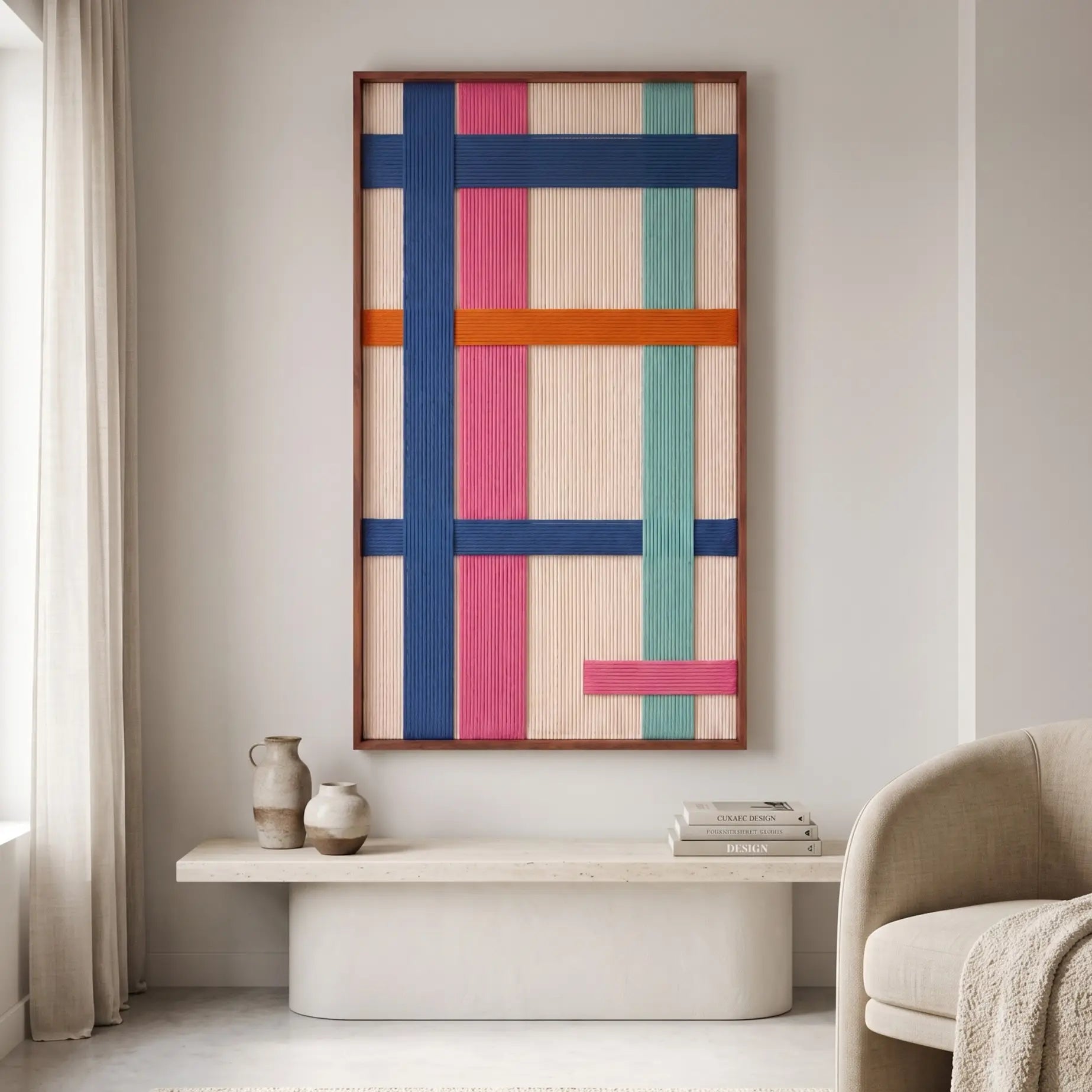 Cozy modern lounge space featuring the geometric hand-woven wool wall art hanging above a minimalist wooden bench and neutral armchair.