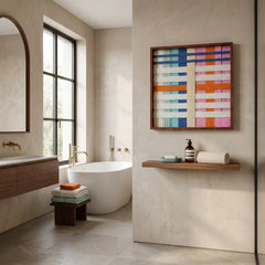 Large square Scale of Joy fiber wall art featuring vibrant orange, pink, and blue hand-woven patterns hanging above a wooden shelf in a modern sunlit bathroom.