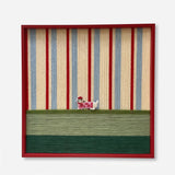 Professional studio shot of the Scarlet Stripe Pup soft cotton cord wall art in a red frame against a white background.