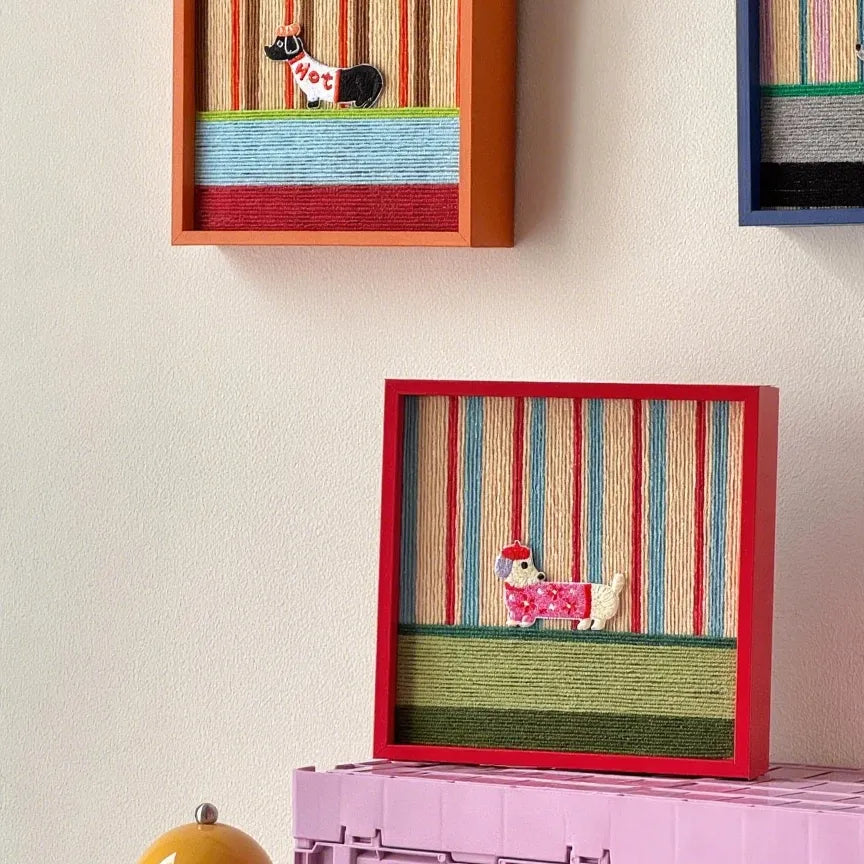 Second view of the Scarlet Stripe Pup Saunter multi-panel setup, highlighting playful puppy silhouettes and bright stripe contrasts.
