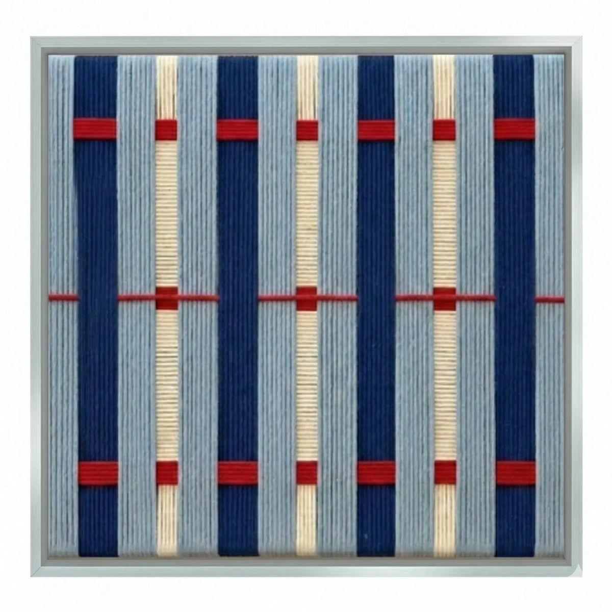 High-resolution front view of Seaside Cinema hand-woven wool tapestry showcasing the intricate vertical navy bars and red geometric accents.