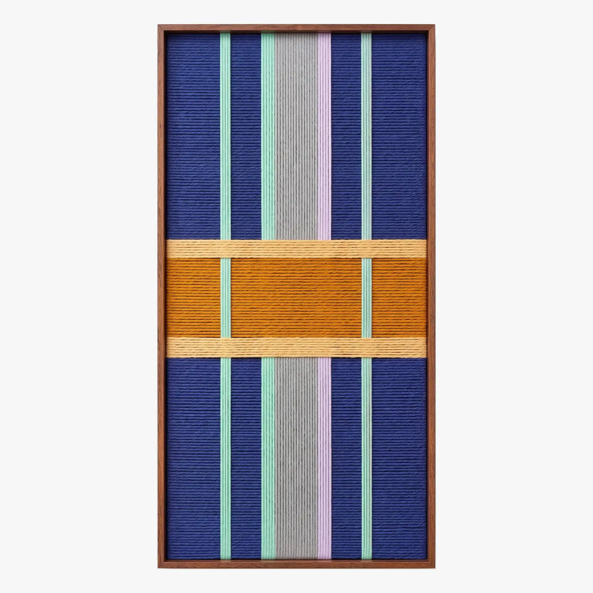 Full product shot of the vertical hand-woven wool wall art in a sleek wooden frame, highlighting its geometric pattern and mustard block.