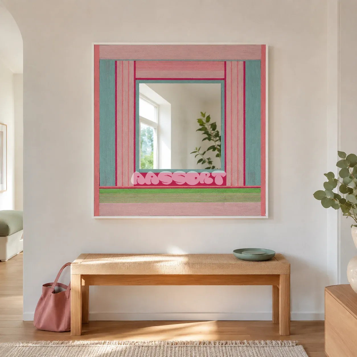 Secret Crush pink, aqua, fuchsia, and green yarn-framed mirror displayed above a woven bench in a sunlit entryway.
