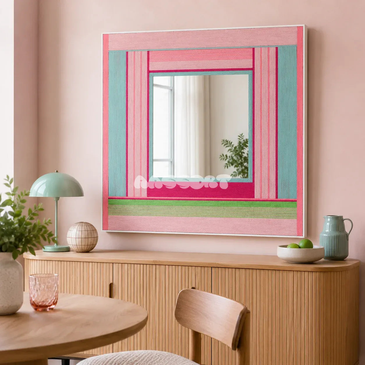 Secret Crush pink, aqua, fuchsia, and green yarn-framed mirror displayed above a pale wood sideboard in a modern dining room.