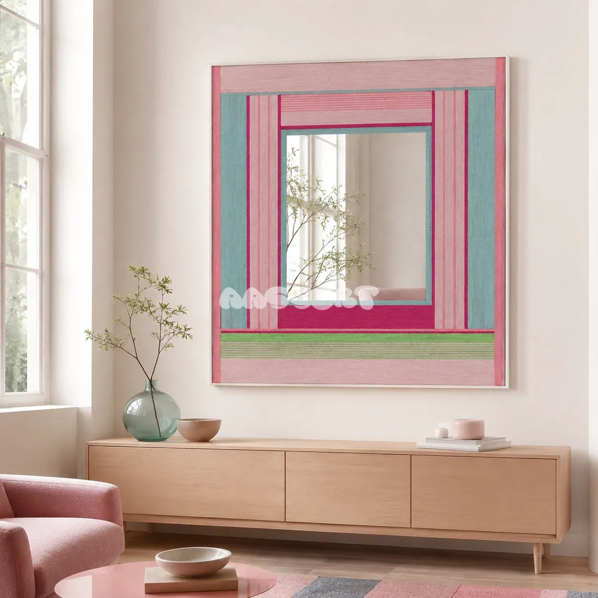 Secret Crush colorful yarn-framed mirror displayed above a pale wood console in a bright pastel living room.