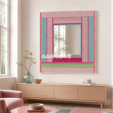 Secret Crush colorful yarn-framed mirror displayed above a pale wood console in a bright pastel living room.