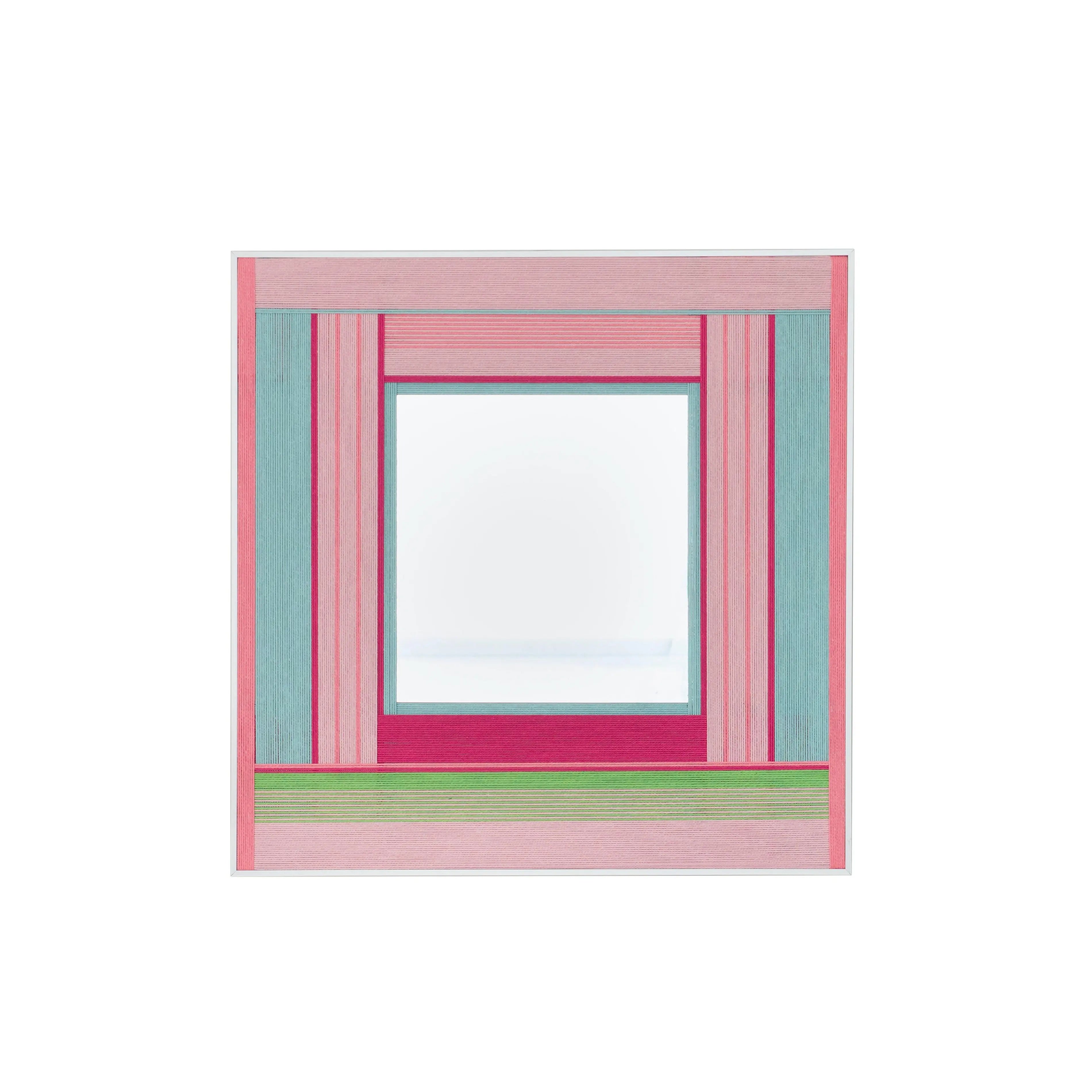Front view of Secret Crush yarn mirror wall art on a plain white background, showing exact square proportions and clean stripe‑mirror layout.
