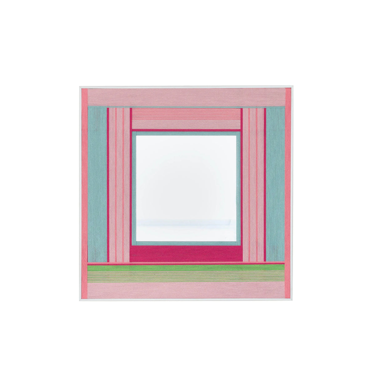 Front view of Secret Crush yarn mirror wall art on a plain white background, showing exact square proportions and clean stripe‑mirror layout.

