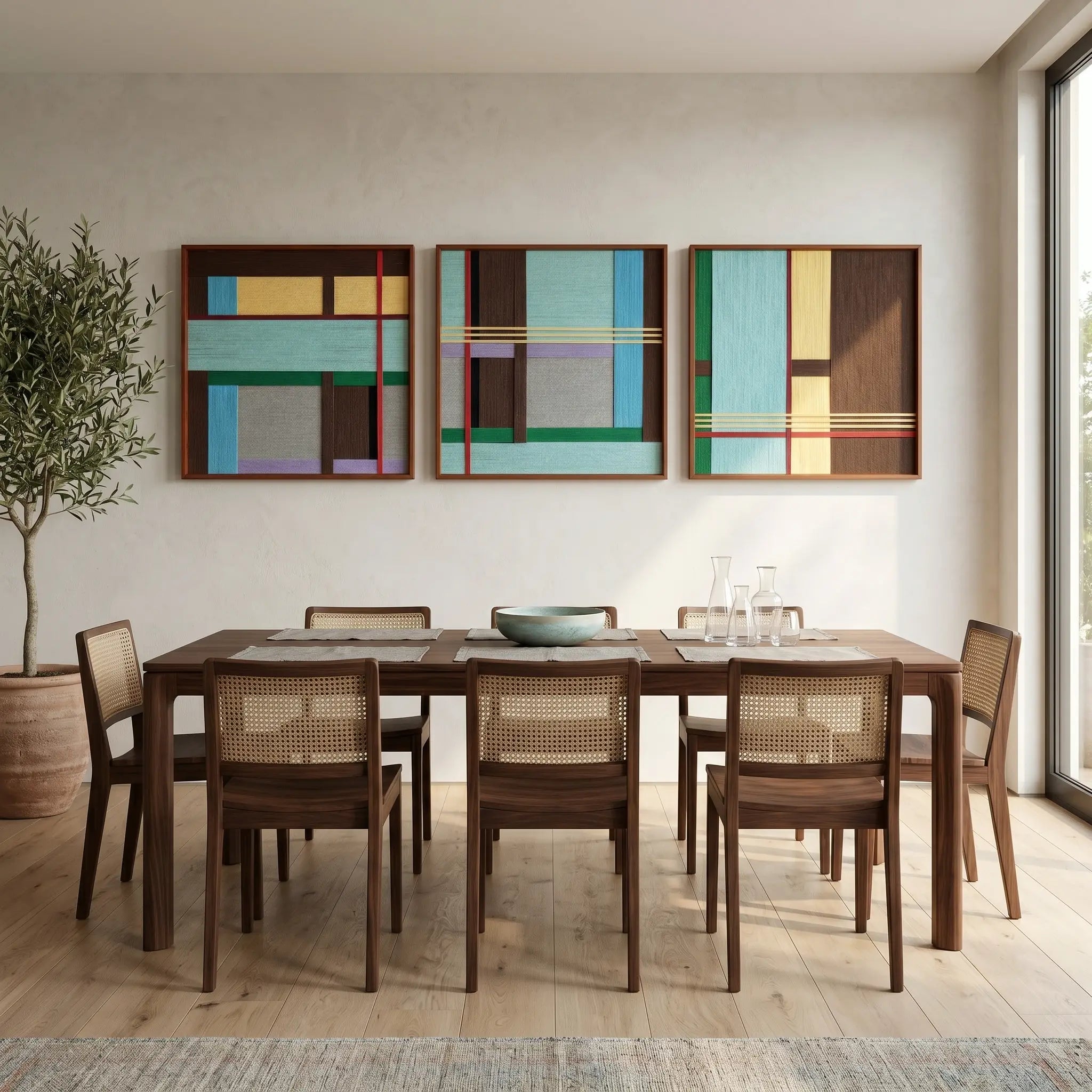 Framed three-piece geometric textile art set styled in a bright, modern dining room above a long wooden table and cane dining chairs.