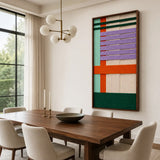 A large Sedona Twilight hand-woven wool tapestry displayed in a contemporary dining room above a dark wood dining table.