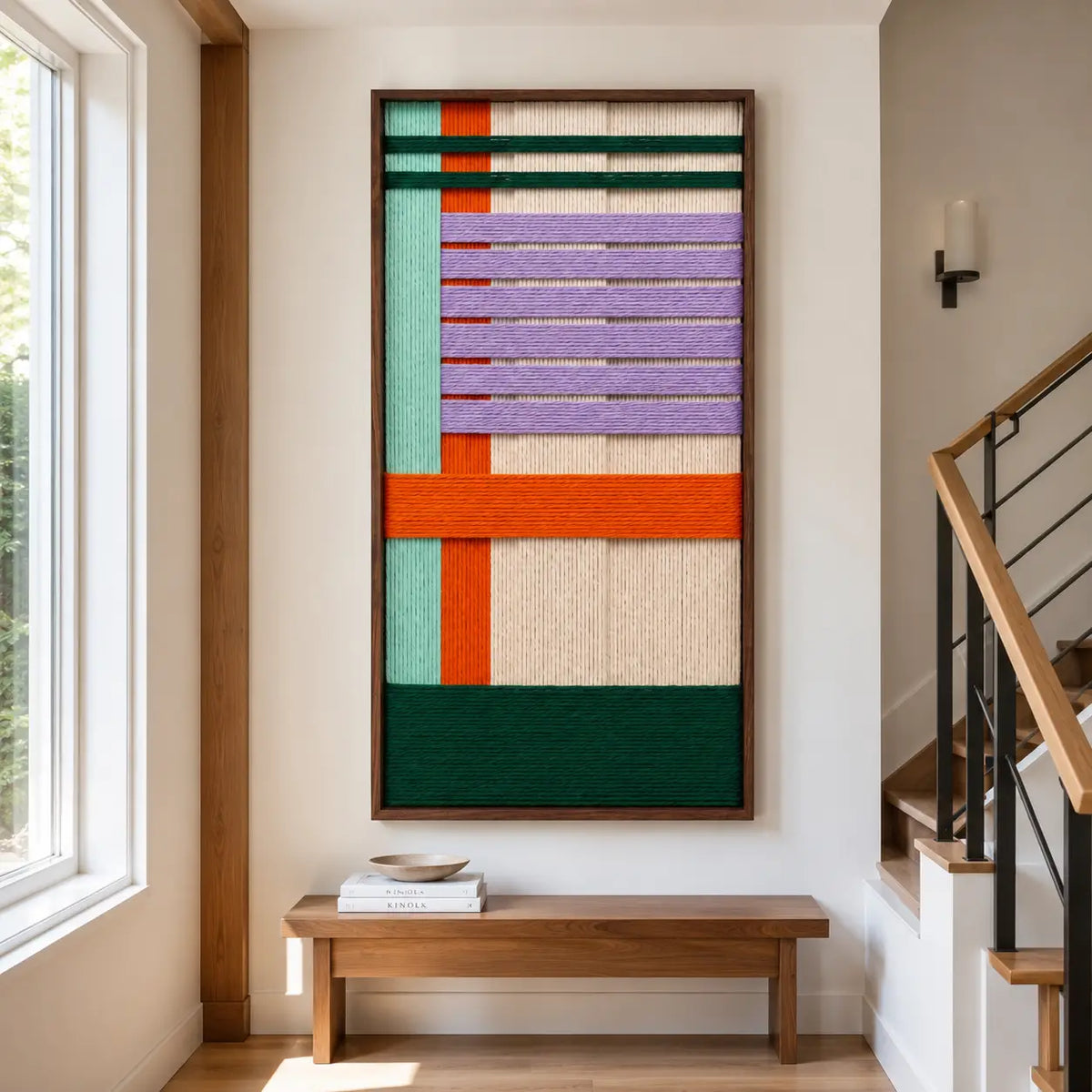 A cozy living room featuring the Sedona Twilight hand-woven wool tapestry mounted on a wall above a wooden bench.