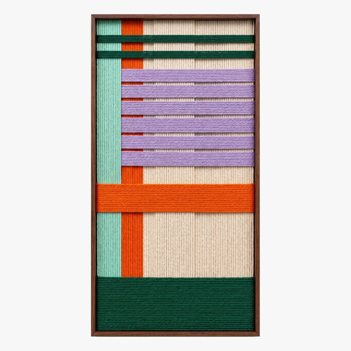 Frontal studio shot of the Sedona Twilight rectangular hand-woven wool tapestry with bold geometric patterns in a frame.