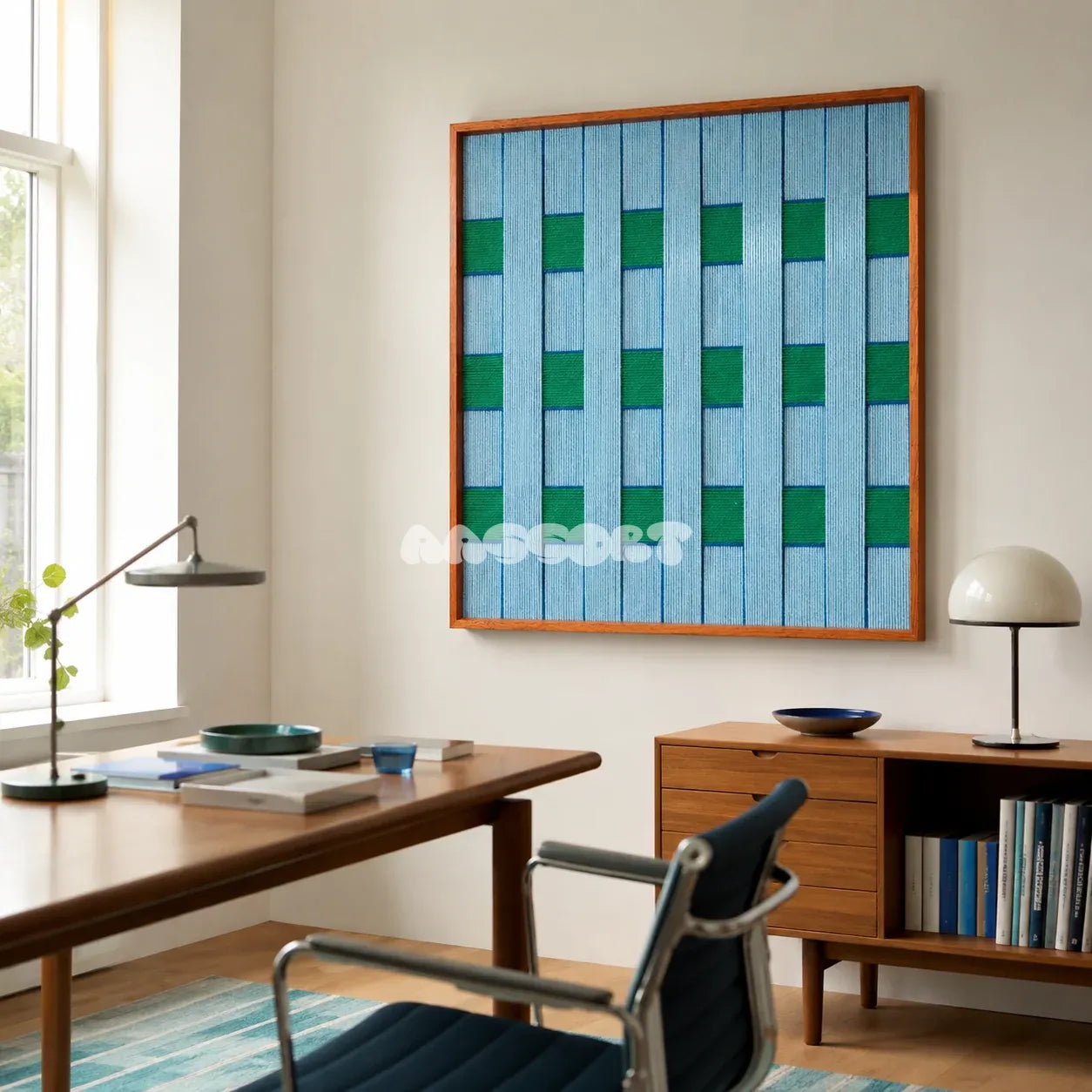 Seine Riverbank blue and green geometric yarn wall art displayed above a wooden desk in a sunlit home office.