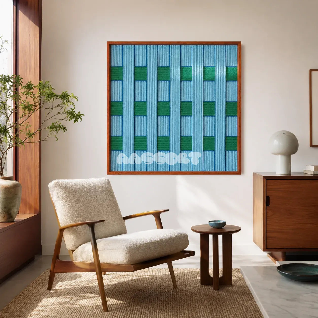 Seine Riverbank blue and green geometric yarn wall art displayed above a lounge chair in a bright reading corner.