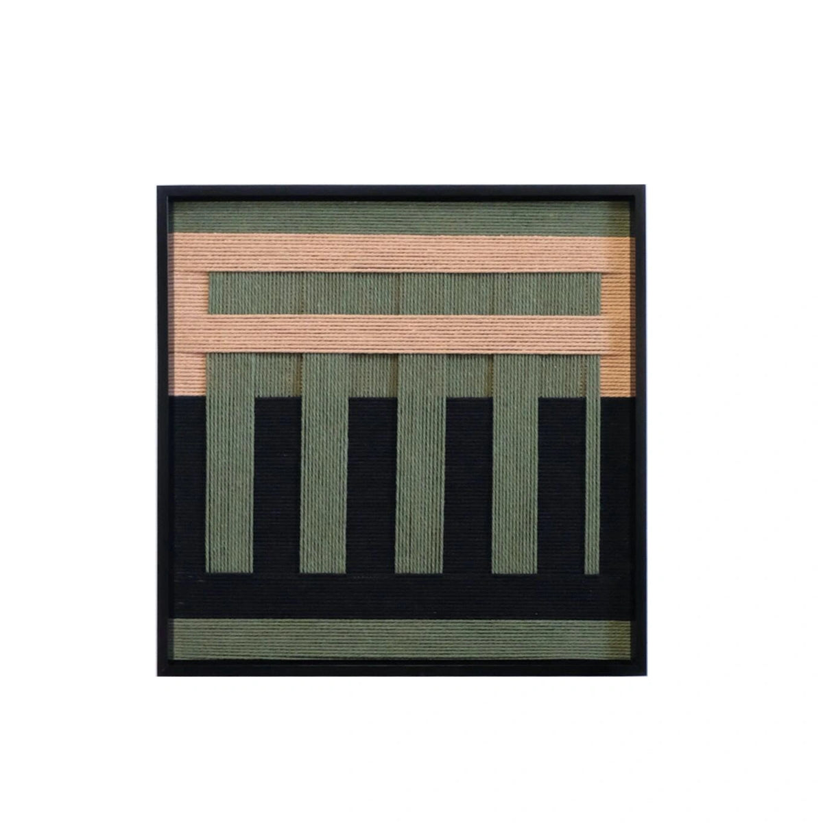 Studio front view of the Serene Wilderness wall art, clearly showing the abstract forest-like pattern in green and beige soft cotton cord.