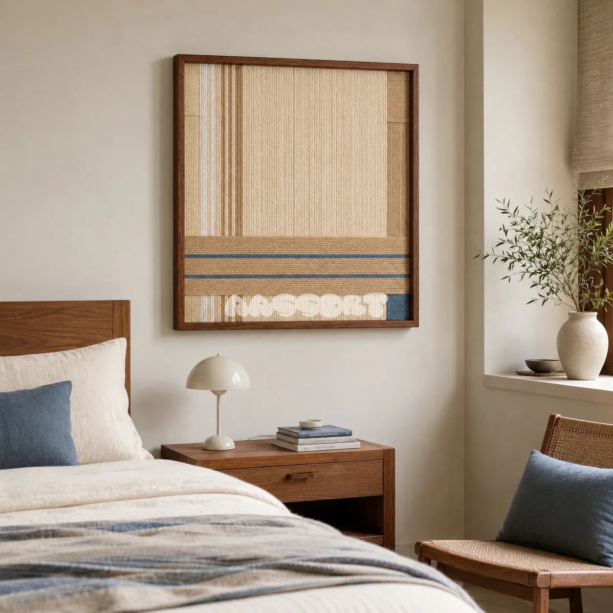 Shadow at 4 PM cream sand and slate blue textile wall art displayed beside a wood bed in a serene neutral bedroom.
