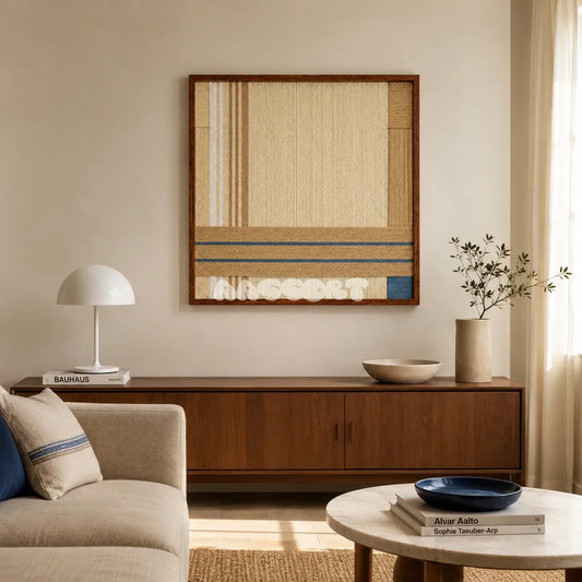 Shadow at 4 PM cream sand and slate blue textile wall art displayed above a walnut sideboard in a warm modern living room.