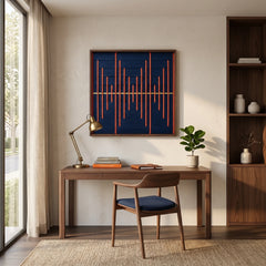 Wide-angle shot of the textured fiber wall art integrated into a sophisticated interior with a wooden bookshelf and mid-century chair.