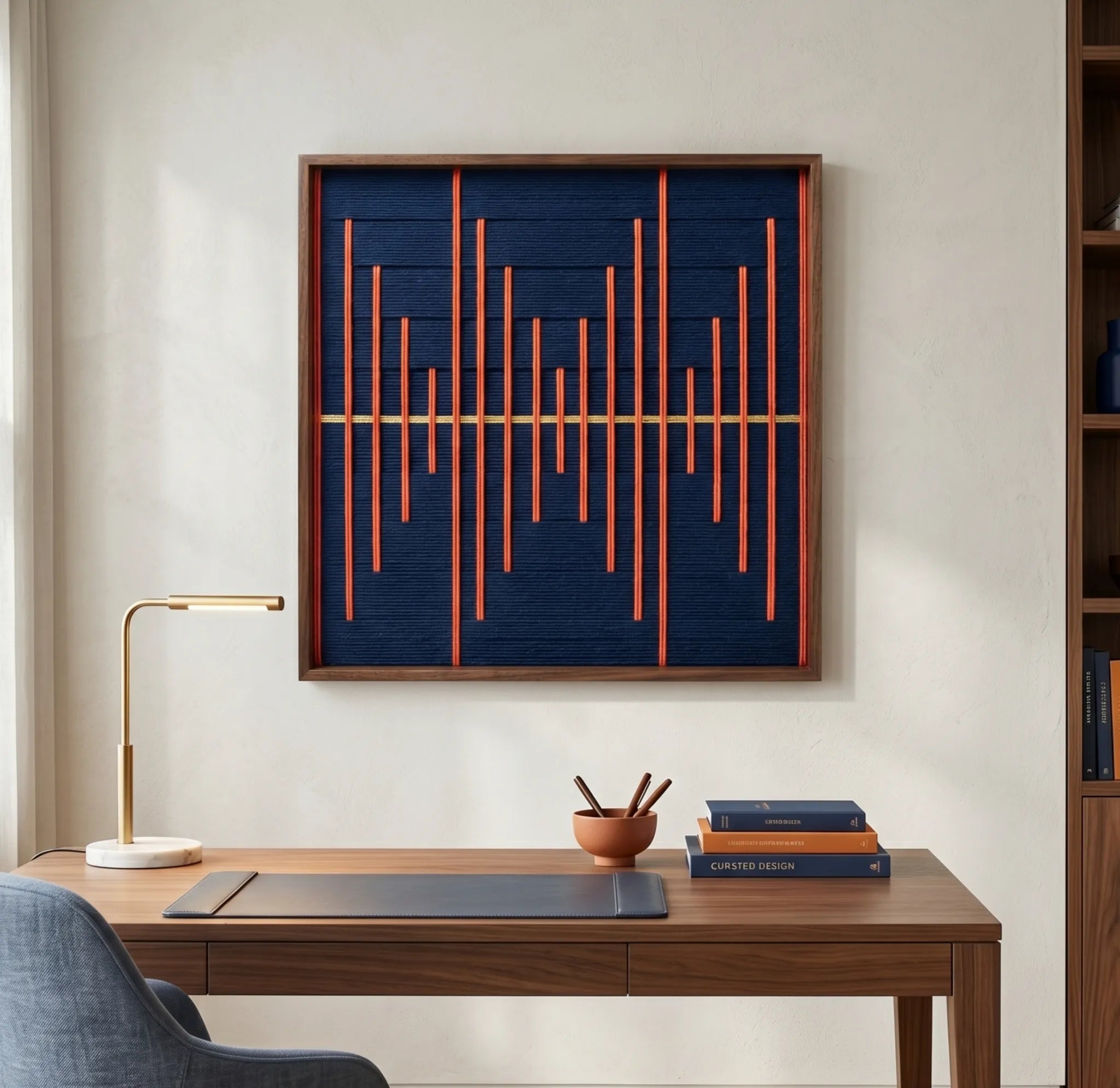 Framed fiber art tapestry with a rhythmic pulse design hanging in a professional home office setting featuring a wooden desk and lamp.
