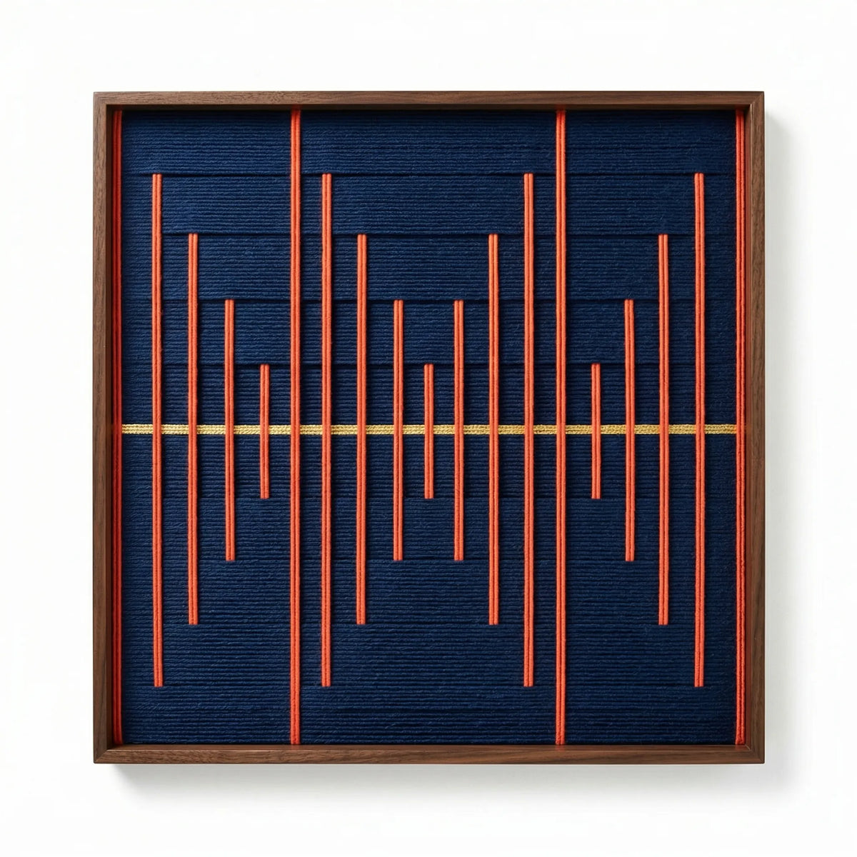High-resolution front view of the Signal Lost hand-woven wool tapestry in a dark frame, showcasing the intricate texture and vertical bar pattern.