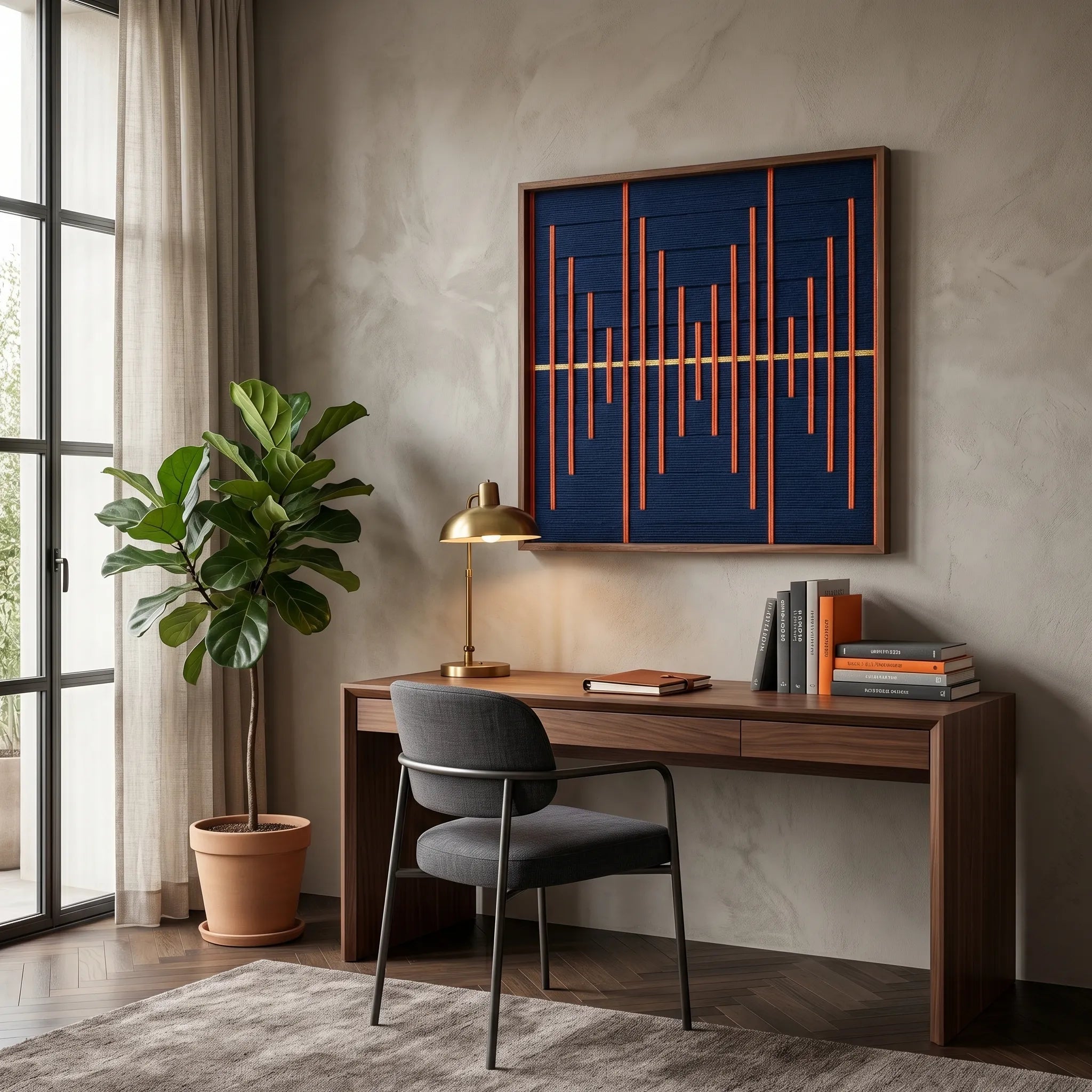 A side perspective of the hand-woven wool wall hanging in a cozy room corner with a potted fiddle leaf fig and natural window light.