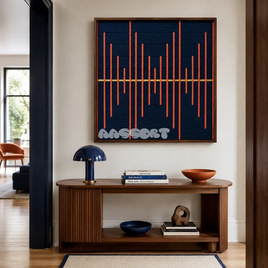 Signal Lost navy and orange textile wall art displayed above a wooden console table in a modern entryway.