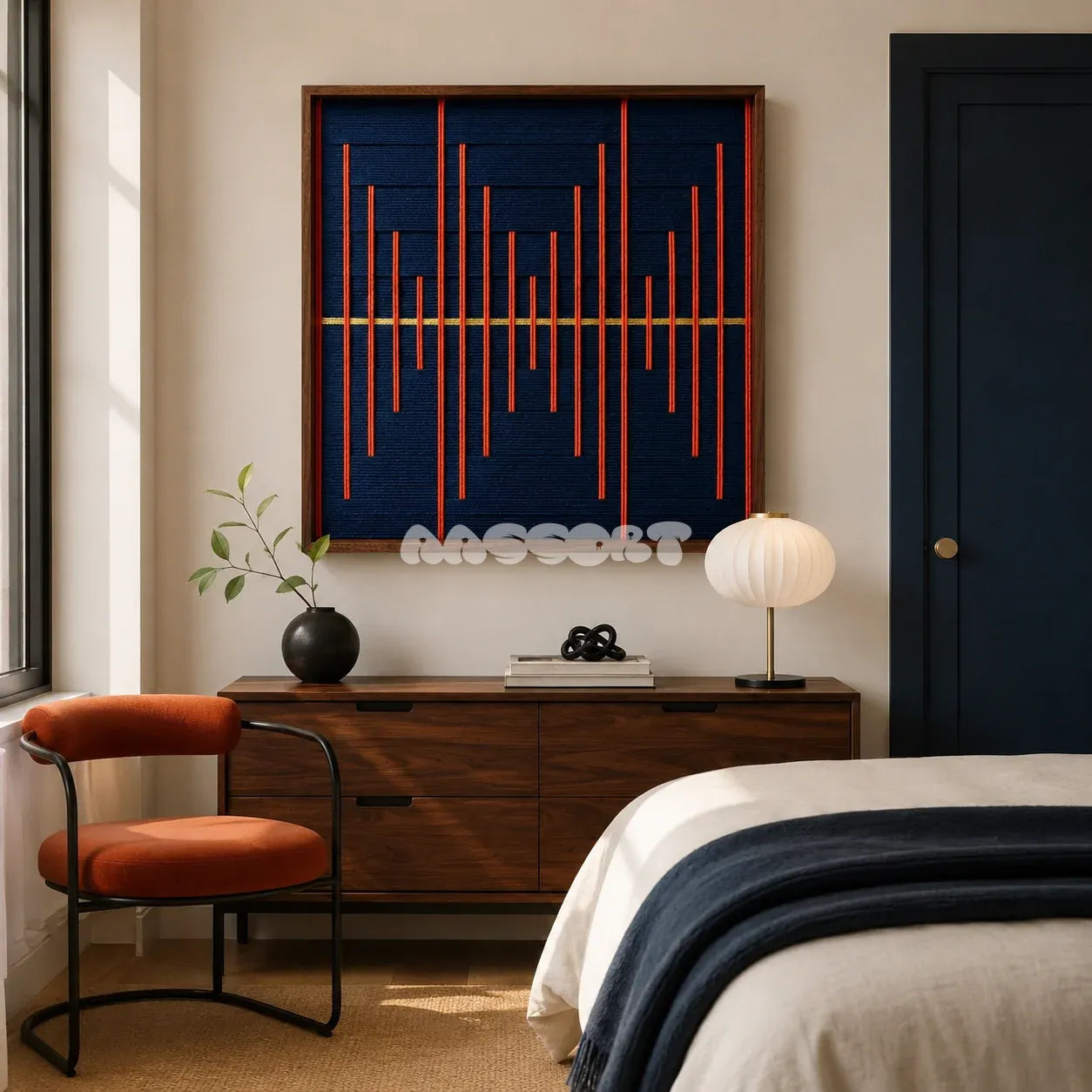 Signal Lost navy and orange textile wall art displayed above a wooden dresser in a warm modern bedroom.