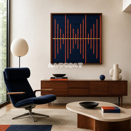 Signal Lost navy and orange textile wall art styled above a walnut sideboard in a bright modern living room.