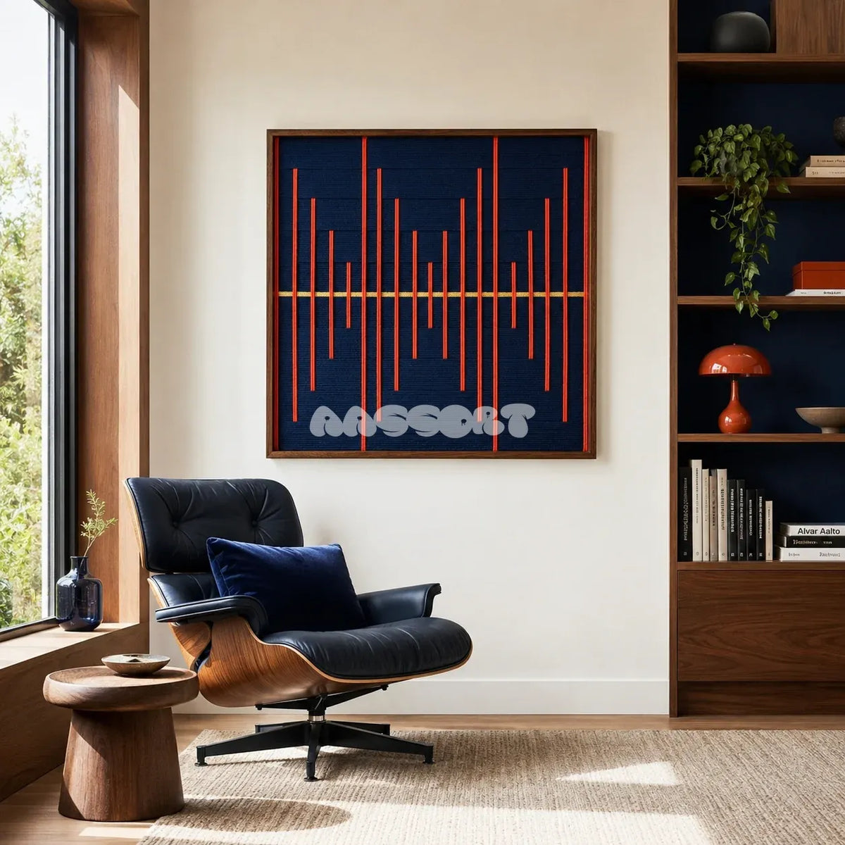 Signal Lost navy and orange textile wall art featured beside a lounge chair and built-in shelves in a sunlit reading corner.