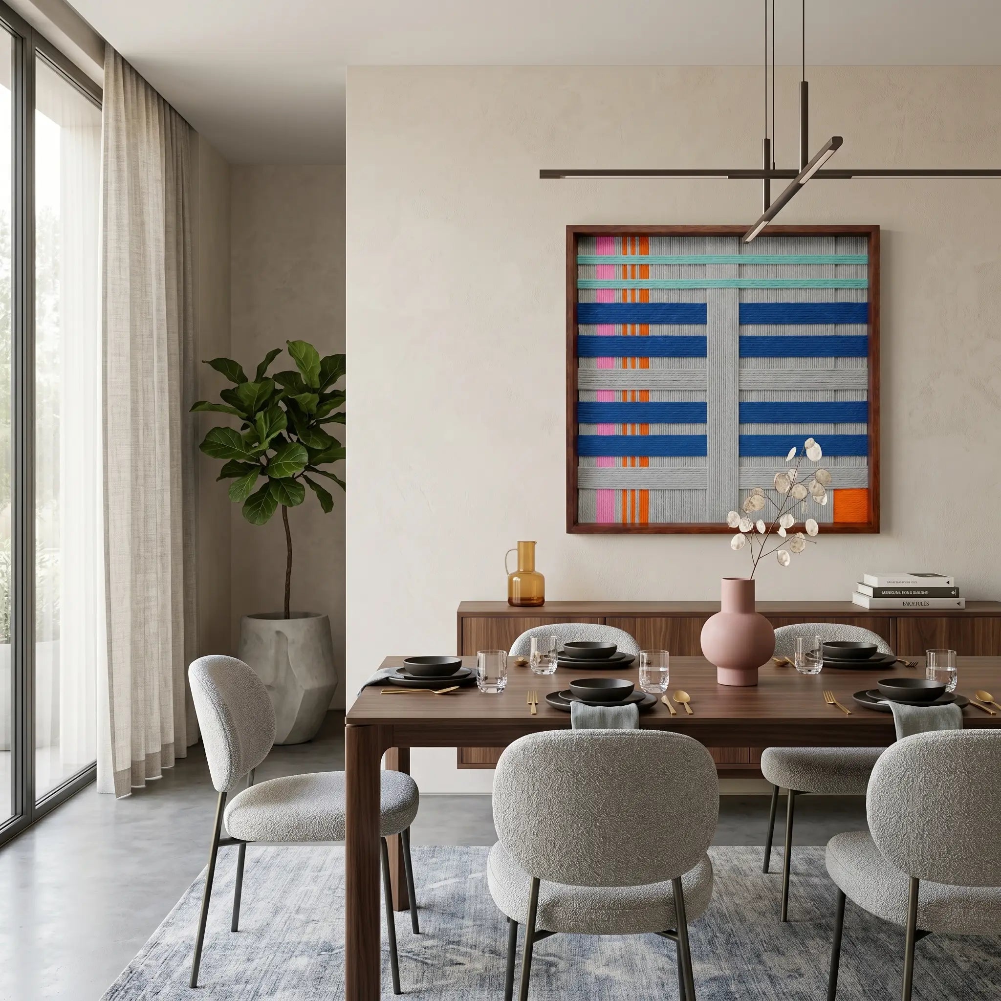 Colorful textured fiber wall art hanging above a wooden credenza in an open concept dining space with natural light.