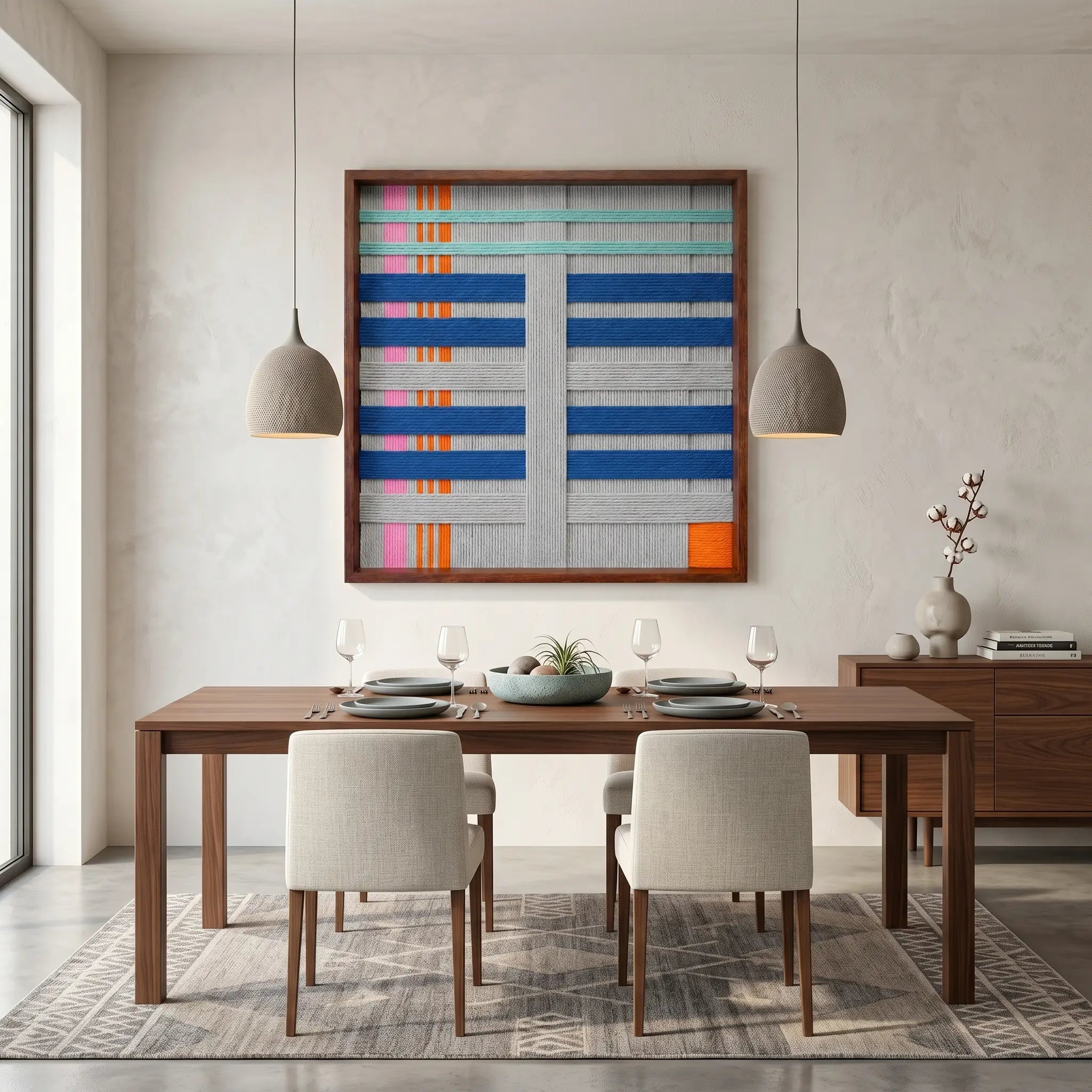 Symmetrical view of the Silent Dopamine fiber wall art hanging as a bright focal point in a contemporary dining room with a wooden table and beige chairs.