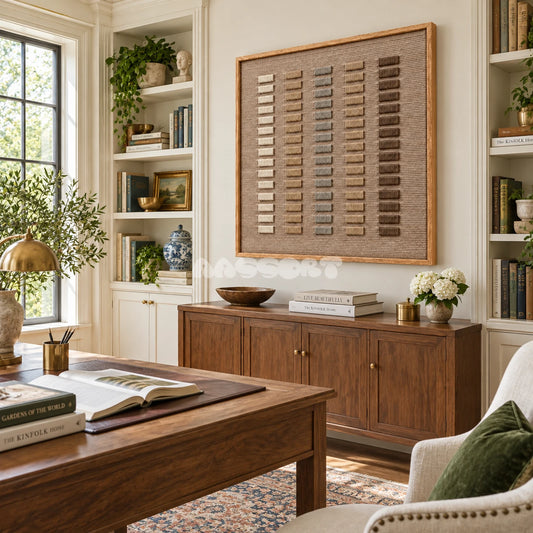 Silent Measure neutral framed fiber artwork displayed in a calm home office.