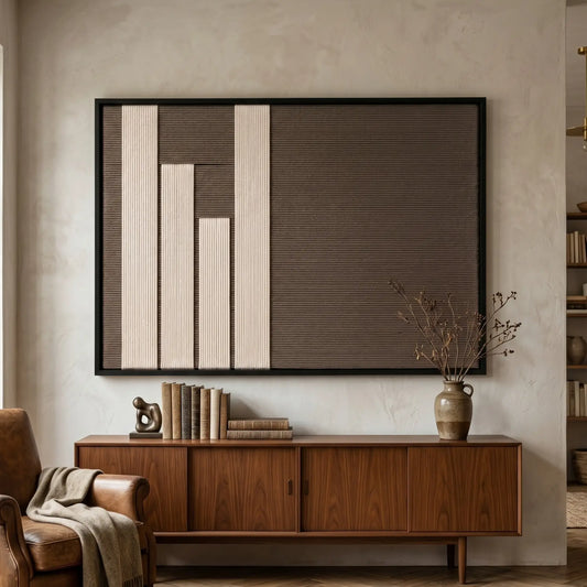 Silent Stelae hand-woven wool art displayed above a dark wood console table, styled with books and vases for a sophisticated interior look.