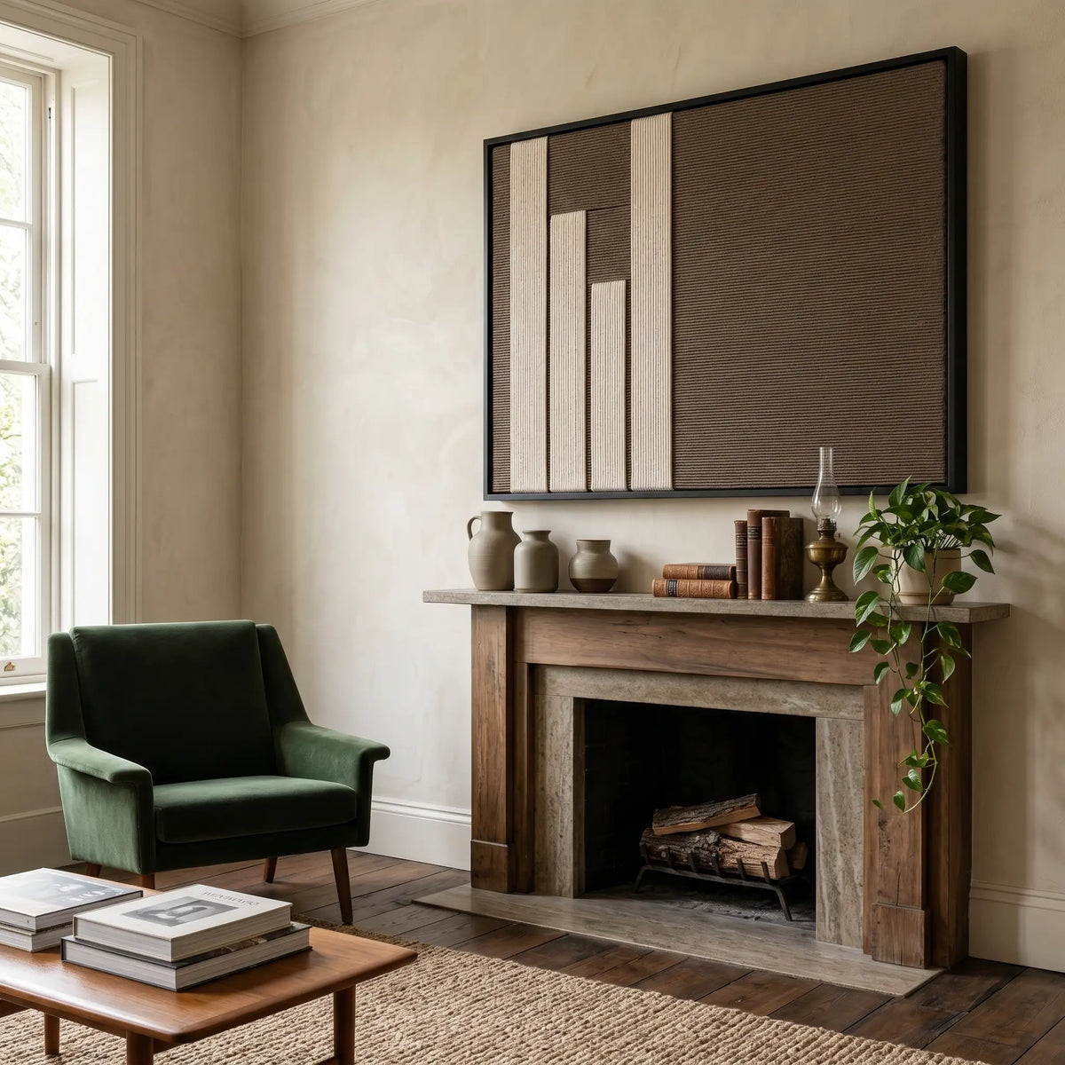 The Silent Stelae hand-woven tapestry hangs elegantly above a classic fireplace, styled with an olive armchair to create a serene living room.