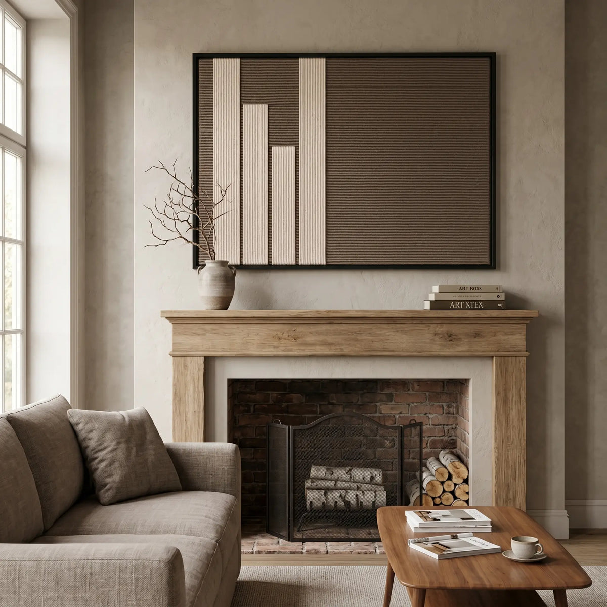 The Silent Stelae rectangular hand-woven tapestry creates a calm atmosphere mounted above a rustic stone fireplace mantel in a modern home.