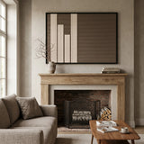 The Silent Stelae rectangular hand-woven tapestry creates a calm atmosphere mounted above a rustic stone fireplace mantel in a modern home.