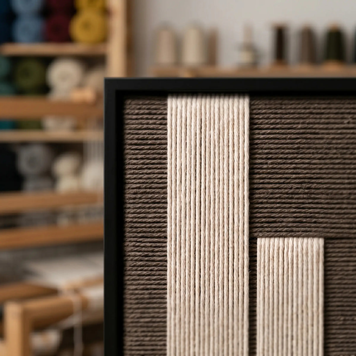 Close-up of the Silent Stelae framed wall art showing the precision of the hand-woven cream yarn set within a modern black frame.