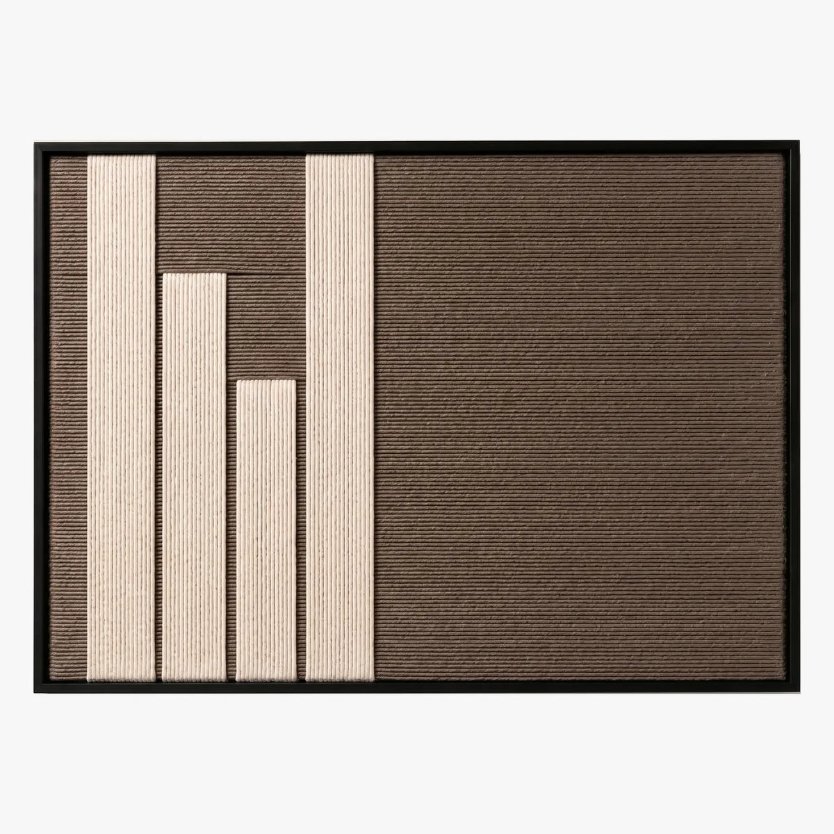 Frontal studio shot of the Silent Stelae rectangular hand-woven wool tapestry, displaying minimalist cream and brown geometric blocks on white background.