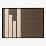 Frontal studio shot of the Silent Stelae rectangular hand-woven wool tapestry, displaying minimalist cream and brown geometric blocks on white background.