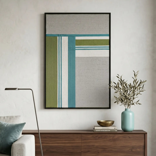 Large hand-woven wool wall art featuring teal and olive green geometric patterns displayed above a dark walnut sideboard.