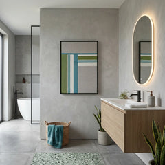 Framed wool wall art displayed in a luxury minimalist bathroom above a light wood vanity for a spa-like atmosphere.