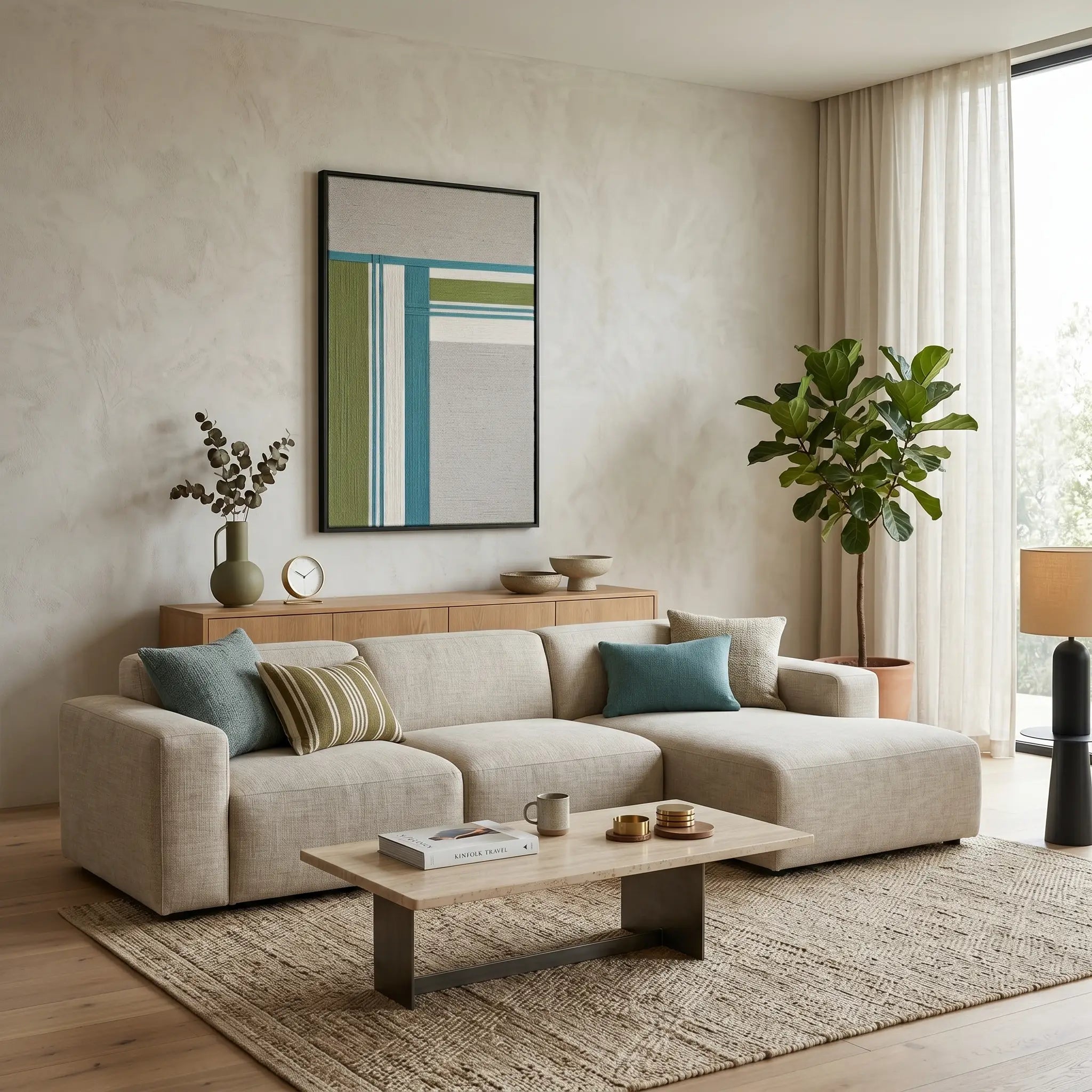 Modern hand-woven wool tapestry hanging in a contemporary living room above a cream sectional sofa and neutral area rug.