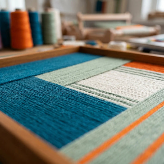 An angled perspective of the textured wool wall art in a studio setting, showcasing the structural multi-directional layering of the teal and orange yarn.