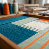 An angled perspective of the textured soft cotton cord wall art in a studio setting, showcasing the structural multi-directional layering of the teal and orange yarn.