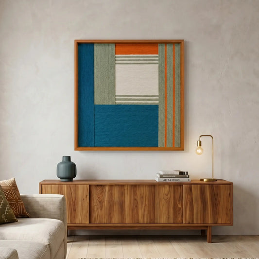Large square teal and earth-toned fiber wall art hanging above a long walnut sideboard in a bright, modern living room.